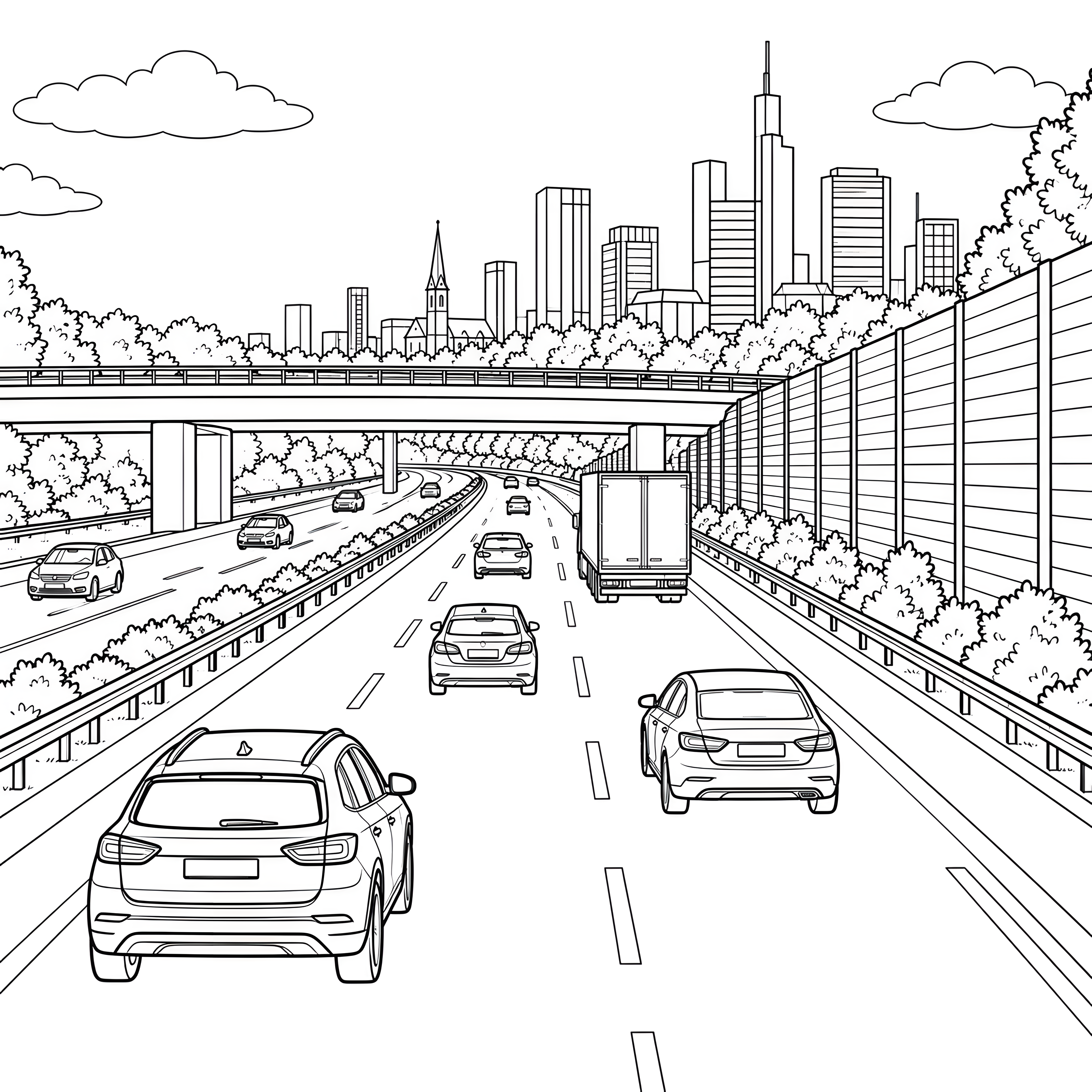Dynamische Autobahn mit Stadtpanorama Malvorlage für malfreudige Weltenbummler