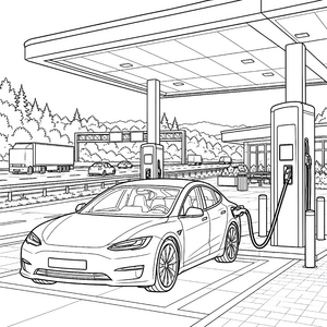 Modernes Elektroauto an Ladestation Ausmalvorlage für Technikfans