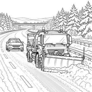Mächtiger Schneepflug auf winterlicher Autobahn Ausmalvorlage für junge Autofans