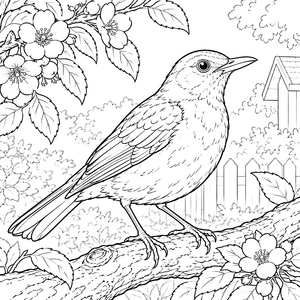 Sanfte Amsel im blühenden Garten Ausmalbild für kleine Naturfreunde