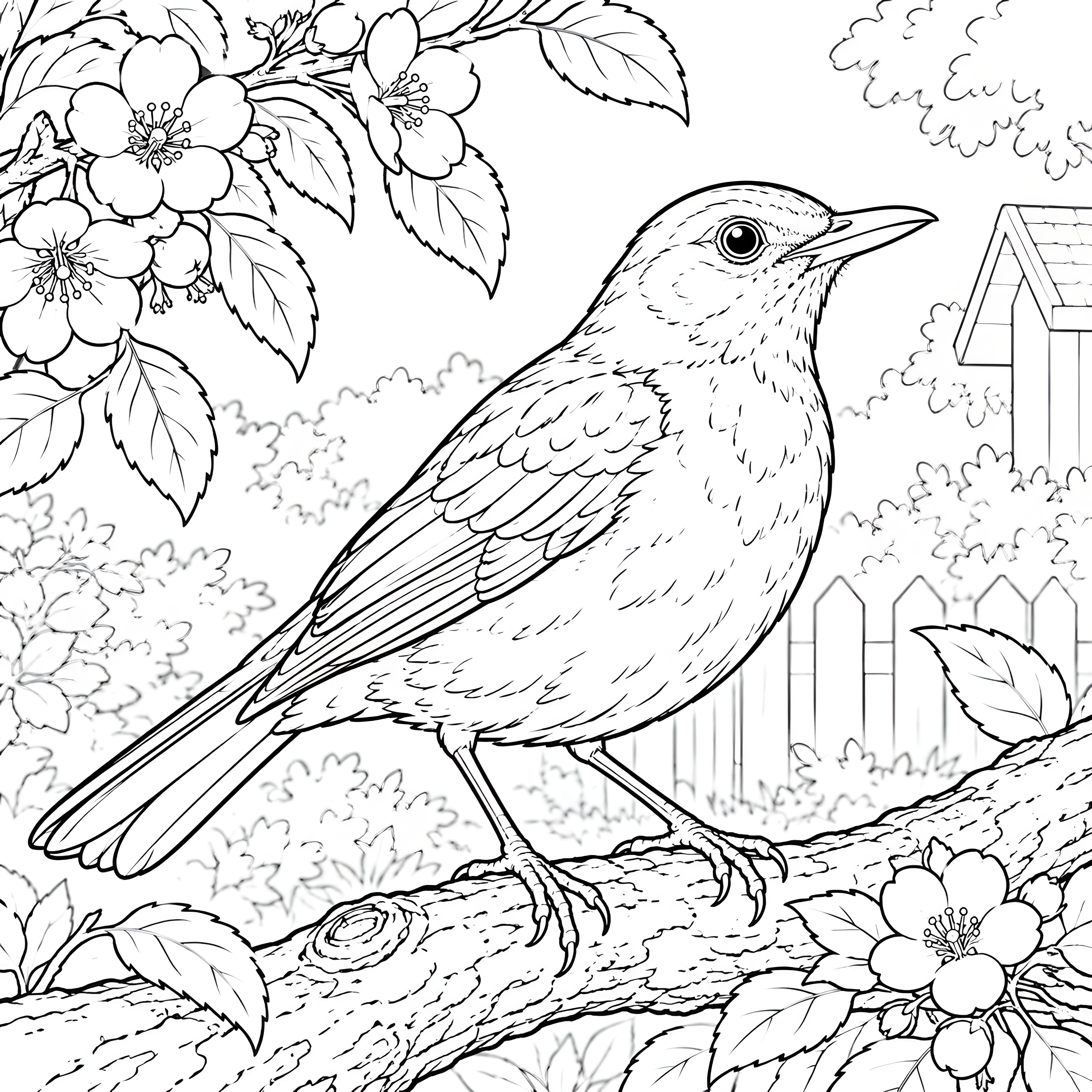 Sanfte Amsel im blühenden Garten Ausmalbild für kleine Naturfreunde
