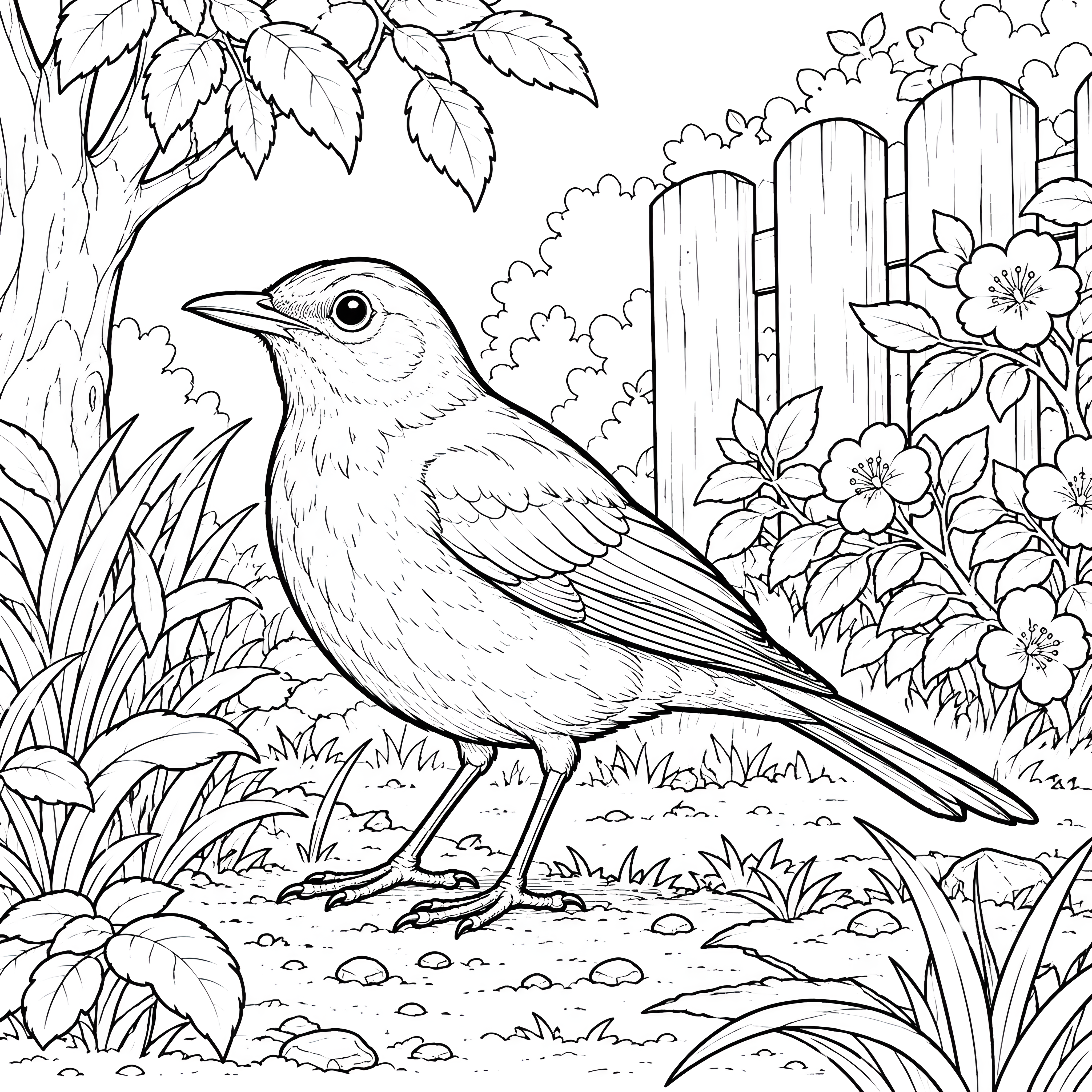 Verspielte Amsel am Gartenzaun Ausmalvorlage für malfreudige Hobbygärtner