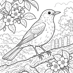 Wache Amsel auf dem Baumstamm Malbild für mutige Weltenbummler