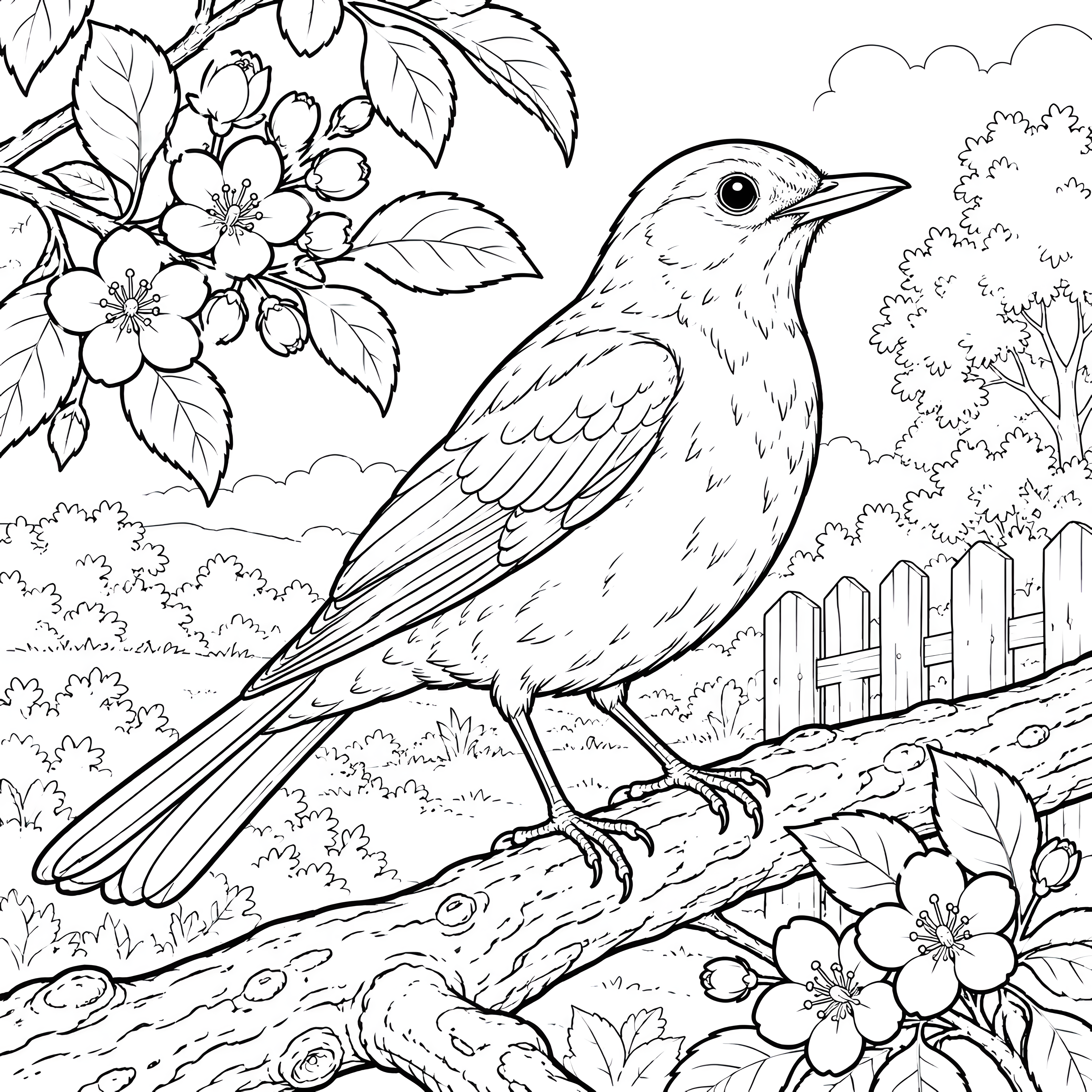 Wache Amsel auf dem Baumstamm Malbild für mutige Weltenbummler
