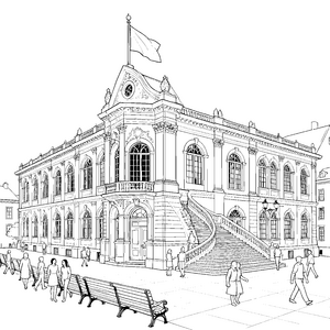 Prachtvolles Rathaus mit Treppe Ausmalbild für mutige Tüftler