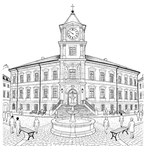 Prachtvolles Rathaus mit Treppenbrunnen Ausmalvorlage für kleine Weltenbummler