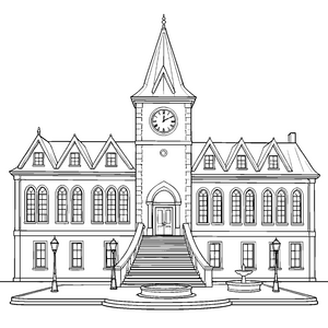 Majestätisches Rathaus mit Turmuhr und Treppe Ausmalbild für mutige Landratten