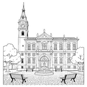 Erhabenes Rathaus mit Brunnen Ausmalvorlage für kreative Spürnasen