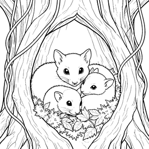 Geborgenes Flughörnchen Baby im Baum Ausmalvorlage für fröhliche Waldläufer