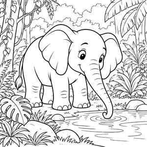 Neugieriger Elefant am Wasserloch Ausmalbild für kreative Weltenbummler