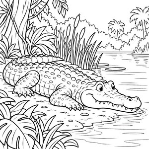 Verspieltes Krokodil am Ufer Ausmalbild für fröhliche Abenteurer