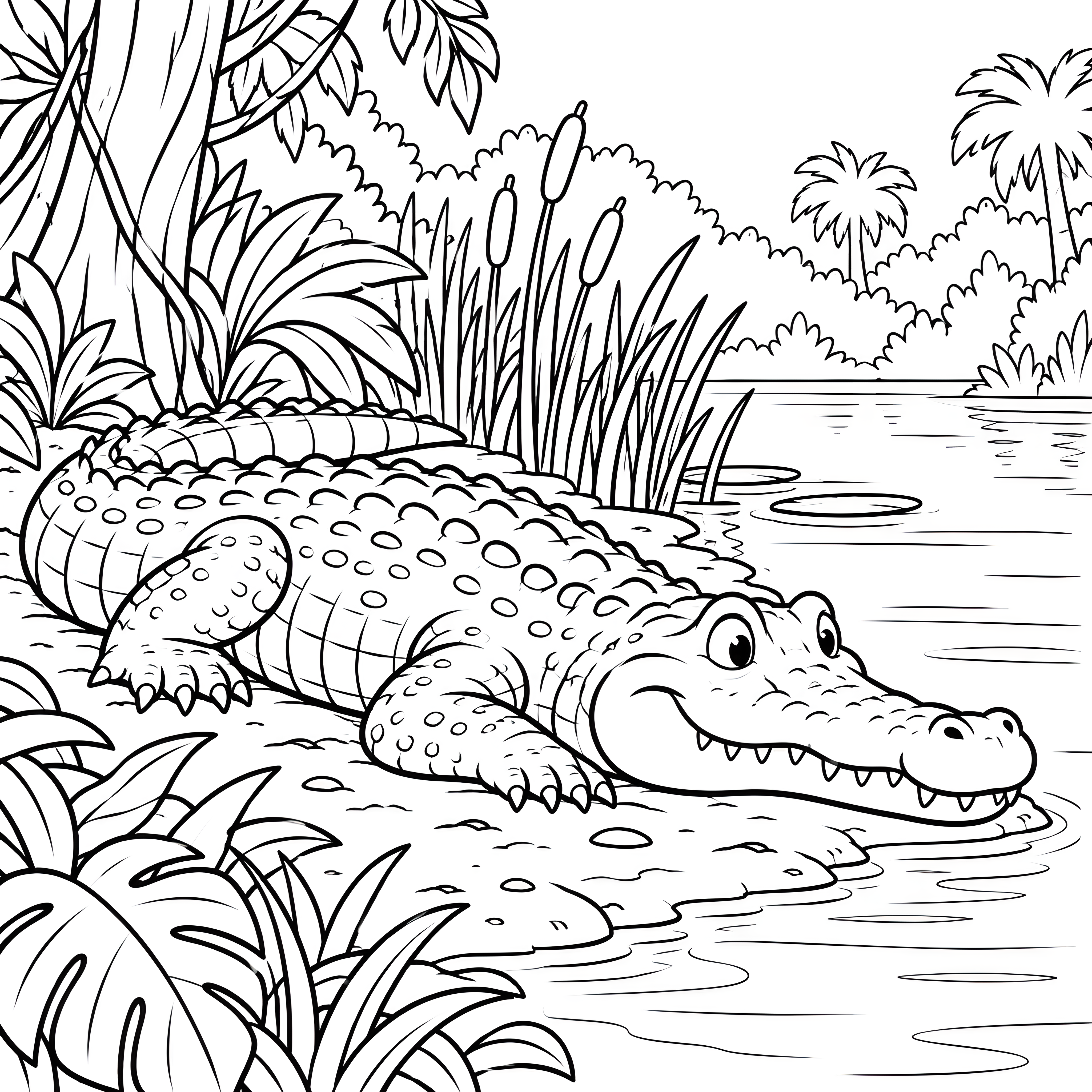 Verspieltes Krokodil am Ufer Ausmalbild für fröhliche Abenteurer