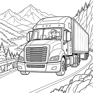 Abenteuerlicher LKW-Fahrer in den Bergen Ausmalbild für junge Reisefreunde