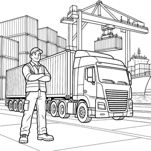 Stolzer LKW-Fahrer am Containerhafen Ausmalvorlage für neugierige Weltenbummler