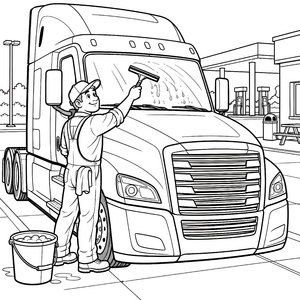 Fleißiger LKW-Fahrer mit Scheibenwischer Ausmalvorlage für neugierige Autofans