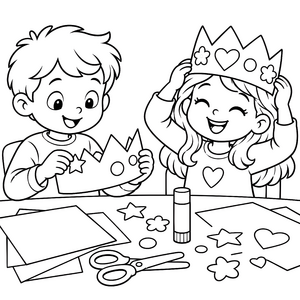 Fröhliche Kinder mit Papierkronen Malvorlage für kreative Tüftler