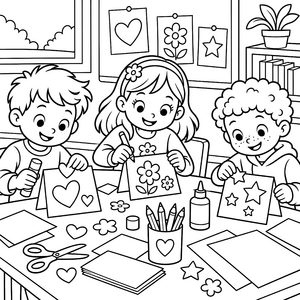 Eifrige Kinder beim Papierbasteln Ausmalbild für kreative Tüftler