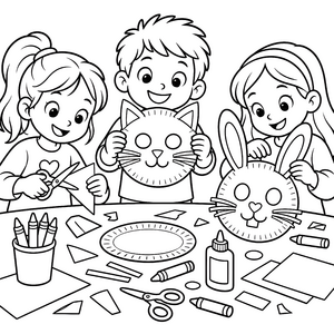 Fröhliche Kinder beim Maskenbasteln Ausmalbild für mutige Kunstschaffende