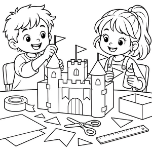 Eifrige Kinder beim Schlossbasteln Malvorlage für kreative Spielgestalten