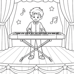 Freudiger Junge am Keyboard Ausmalbild für verträumte Musiker