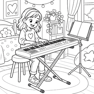 Fröhliche Musikerin am Keyboard Malbild für kleine Weltenbummler