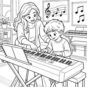 Geduldige Lehrerin am Keyboard Malbild für malfreudige Tüftler