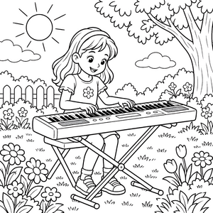 Fröhliche Musikerin am Keyboard im Garten Malvorlage für kreative Sternengucker