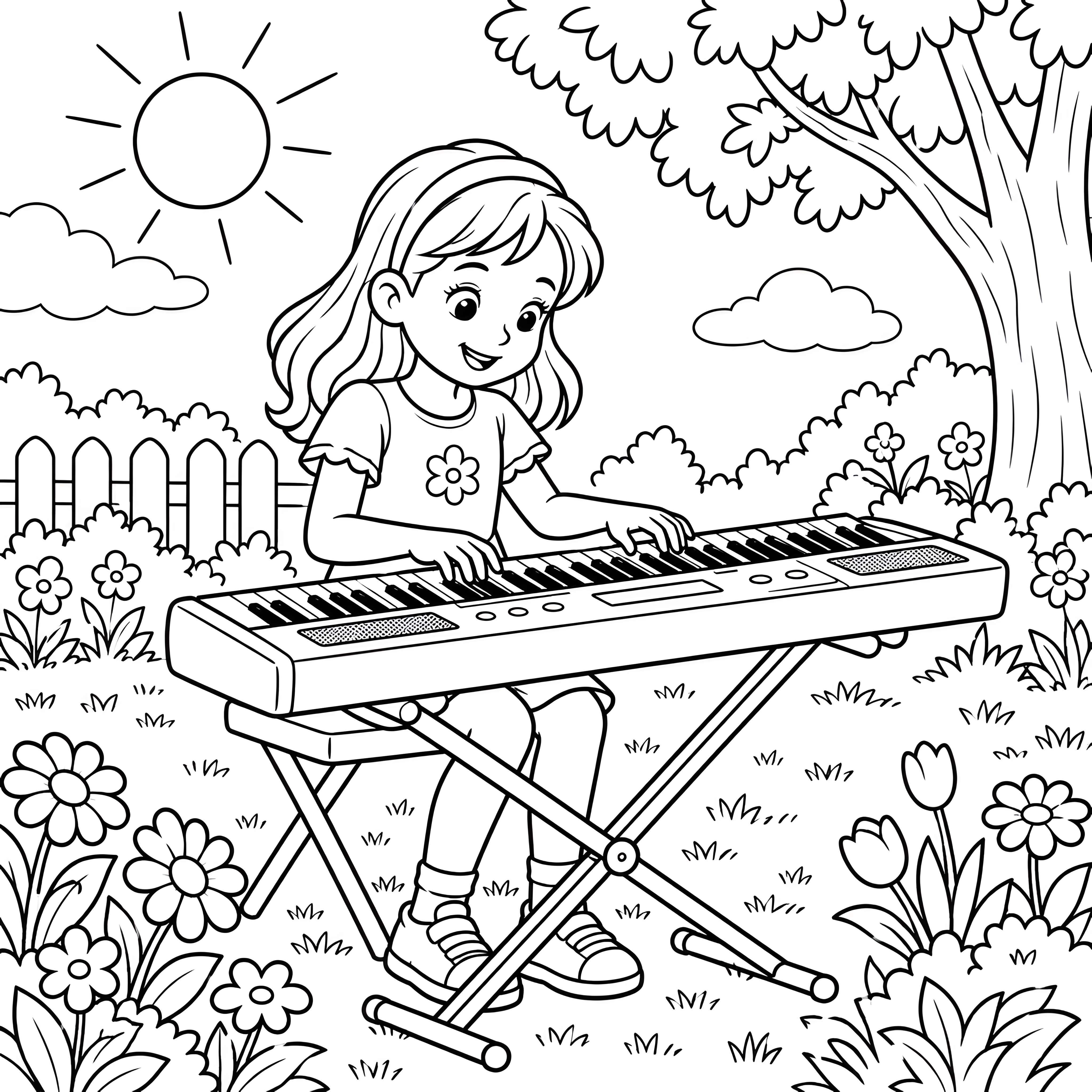 Fröhliche Musikerin am Keyboard im Garten Malvorlage für kreative Sternengucker