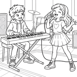 Begeisterte Band am Keyboard Ausmalbild für verträumte Musikfans