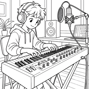 Konzentrierter Junge am Keyboard mit Kopfhörern Ausmalbild für verträumte Tüftler