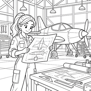 Stolze Ingenieurin mit Flugzeugplan Malvorlage für kleine Bastler