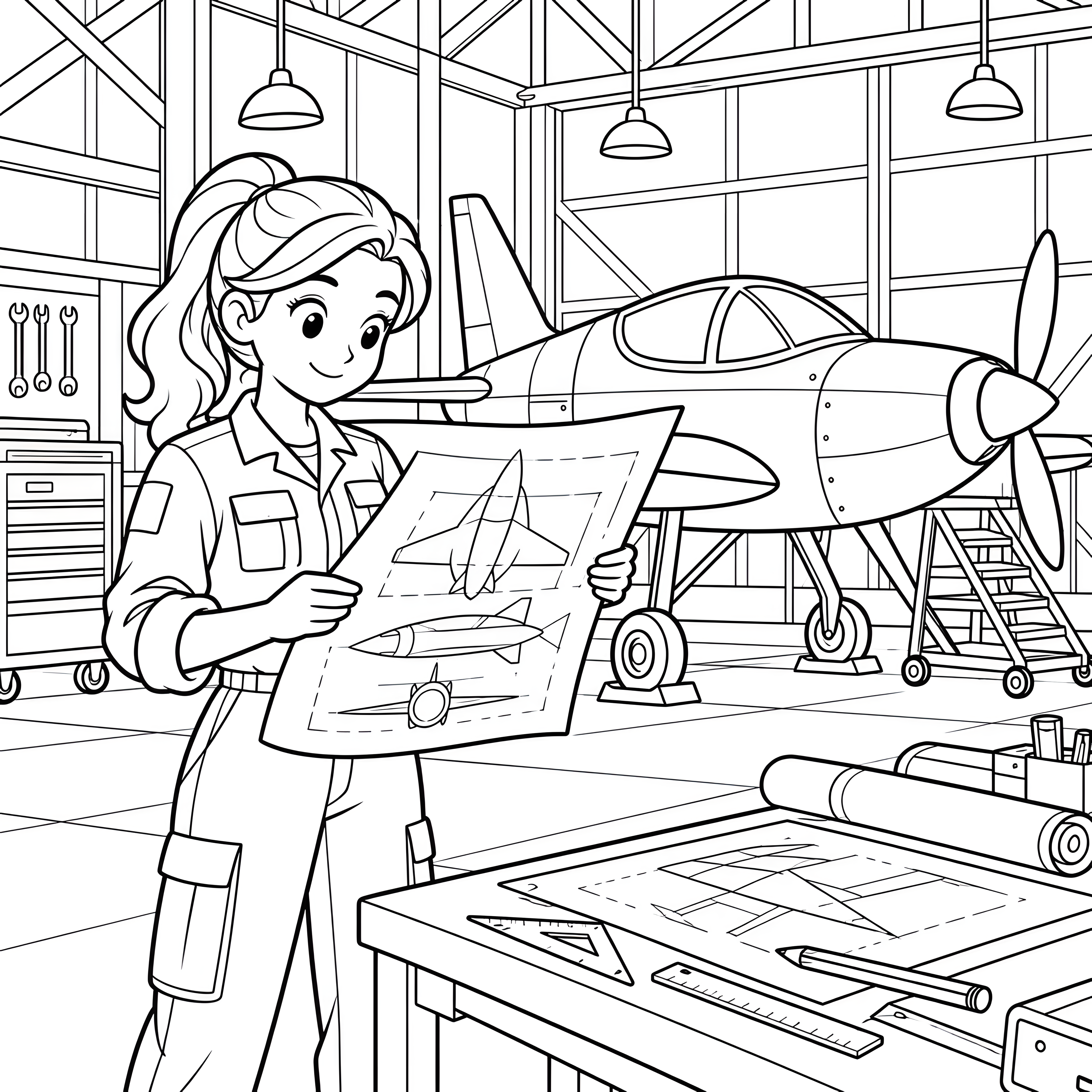 Stolze Ingenieurin mit Flugzeugplan Malvorlage für kleine Bastler