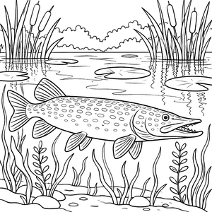 Flinker Hecht zwischen Seerosen Ausmalvorlage für kreative Wasserratten