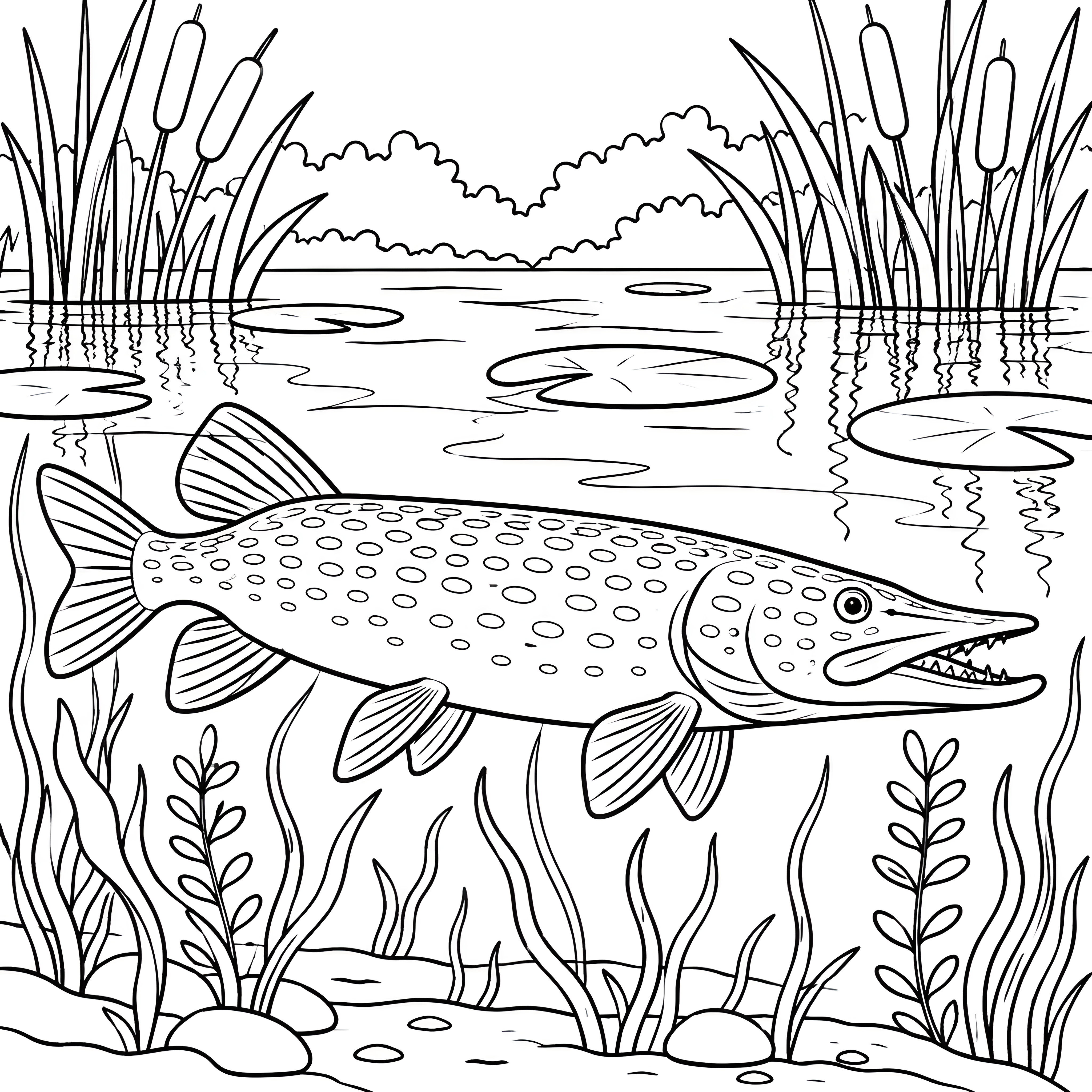Flinker Hecht zwischen Seerosen Ausmalvorlage für kreative Wasserratten