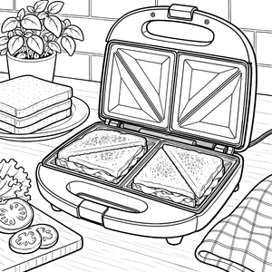 Heißer Sandwichmaker mit belegten Toastscheiben Ausmalvorlage für malfreudige Hobbyköche