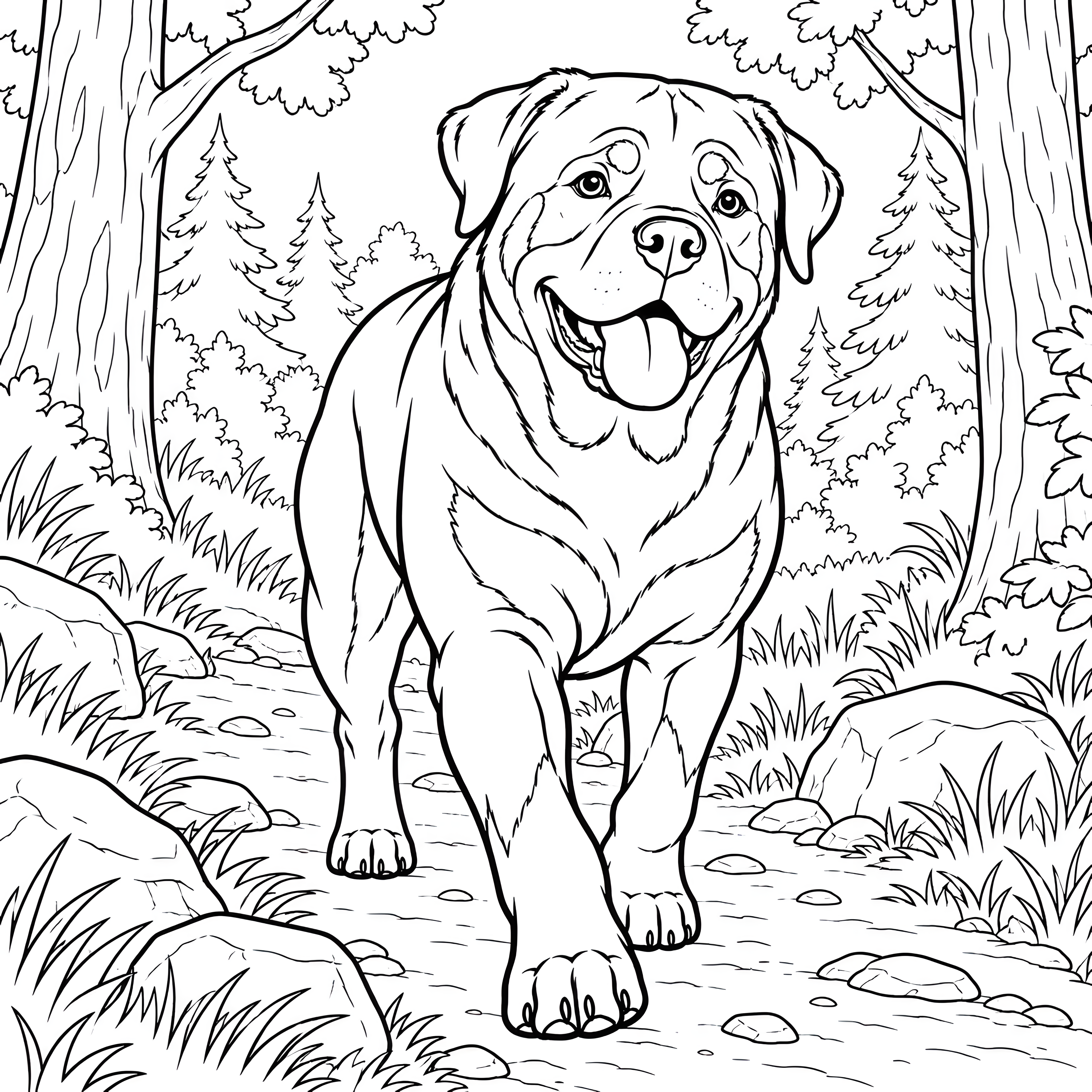 Fröhlicher Rottweiler im Waldweg Malvorlage für kleine Abenteurer