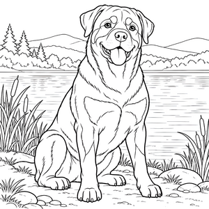Fröhlicher Rottweiler am Seeufer Ausmalbild für mutige Naturfreunde