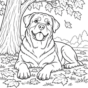 Heiterer Rottweiler unter herbstlichen Blättern Malvorlage für kreative Naturfreunde