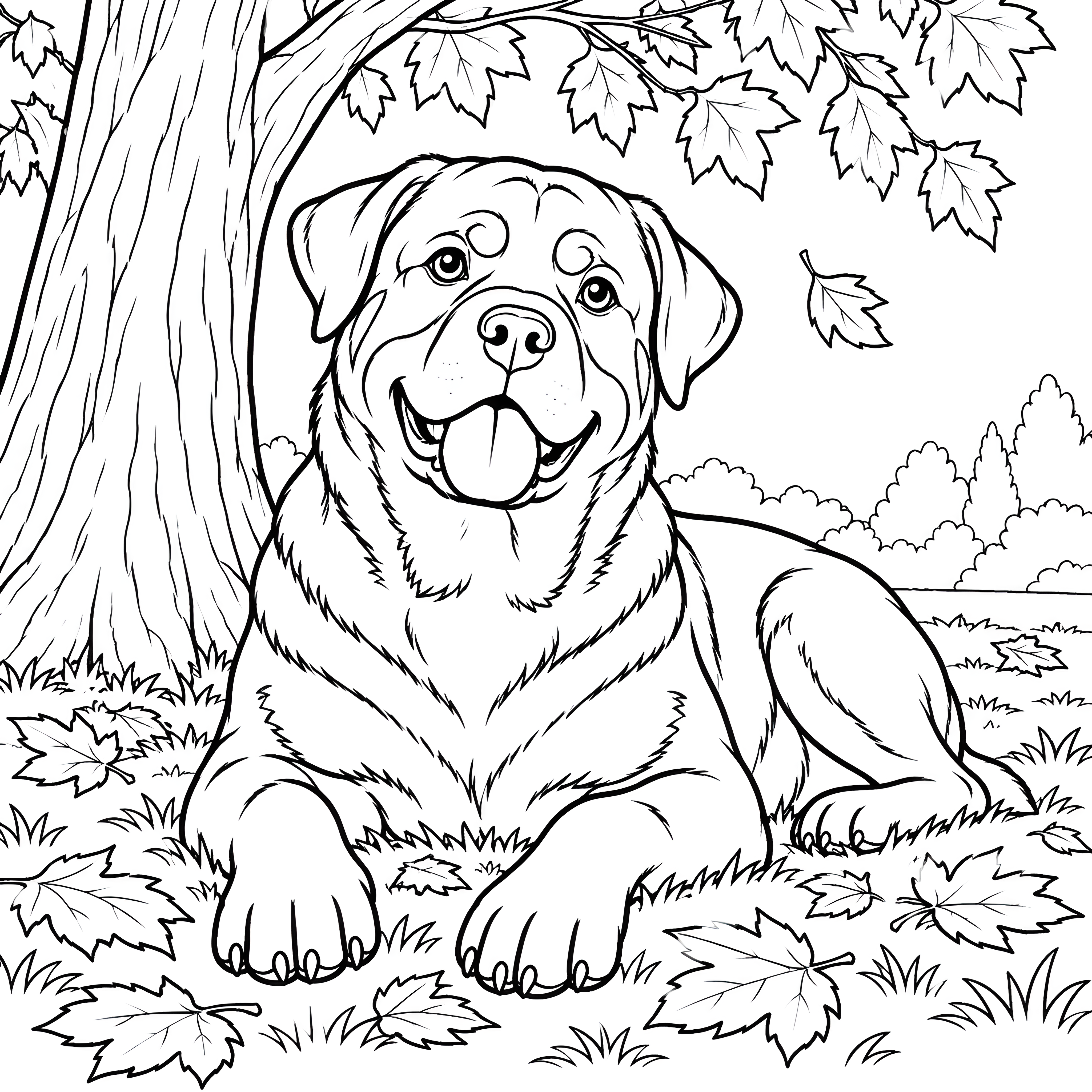 Heiterer Rottweiler unter herbstlichen Blättern Malvorlage für kreative Naturfreunde