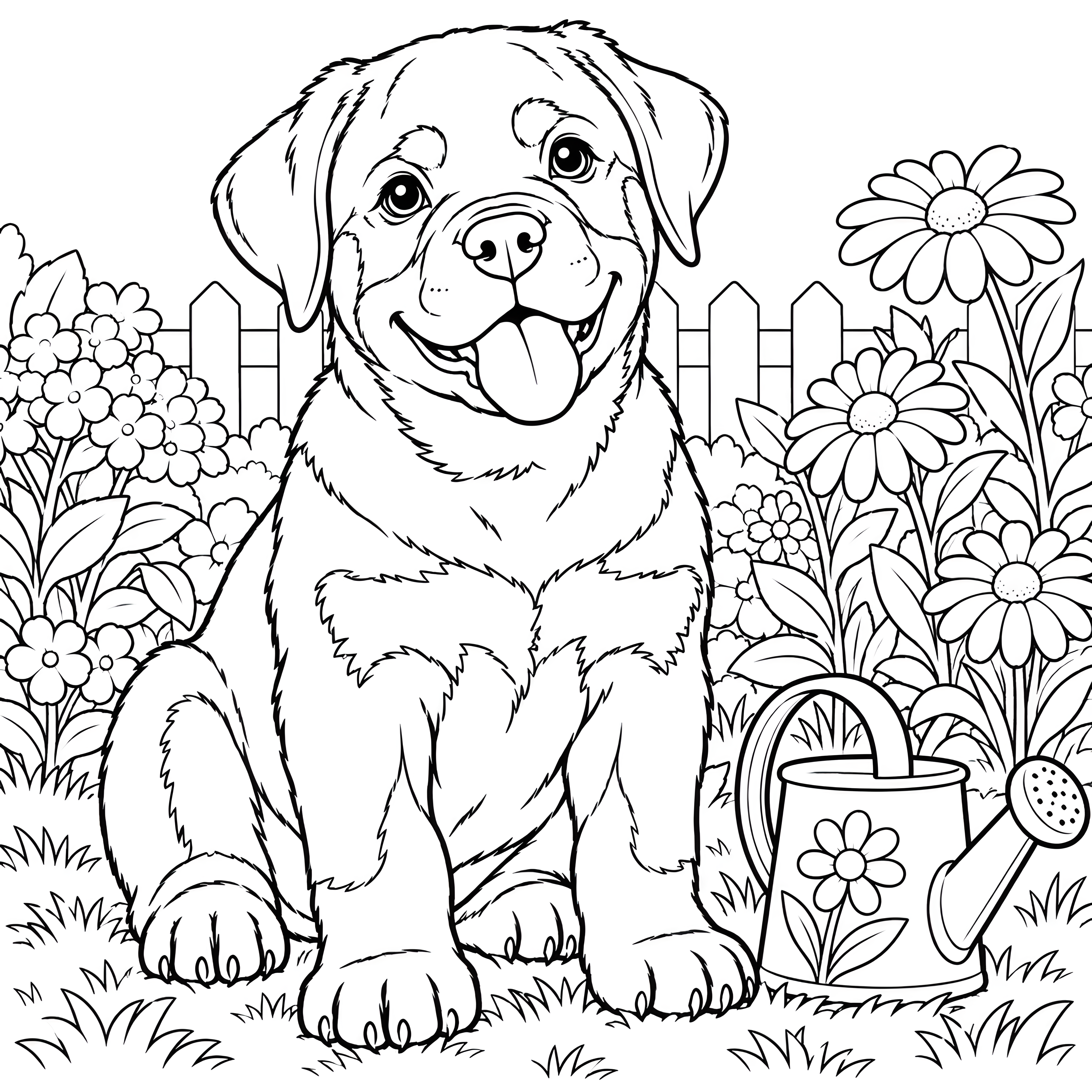 Verspielter Rottweiler im Blumenbeet Ausmalbild für kreative Hobbygärtner