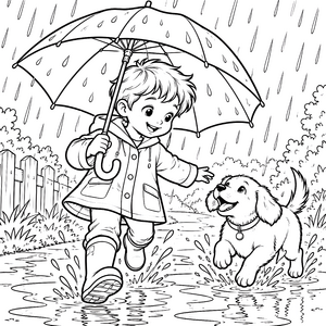Verspielter Junge mit Hund und Regenschirm Ausmalbild für kreative Bastler