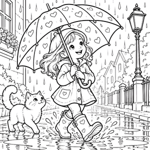 Fröhliche Mädchen mit Katze und Regenschirm Malvorlage für Weltenbummler