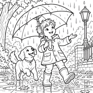 Fröhlicher Junge mit Hund und Regenschirm Malbild für verträumte Spürnasen