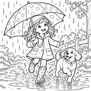 Fröhliche Mädchen mit Hund und Regenschirm Malvorlage für kleine Wasserratten