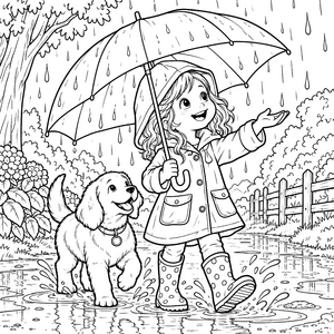 Fröhliche Mädchen mit Hund und Regenschirm Ausmalvorlage für kreative Naturfreunde