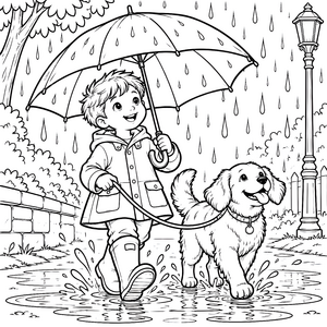 Fröhlicher Junge mit Hund und Regenschirm Ausmalvorlage für Hobbygärtner
