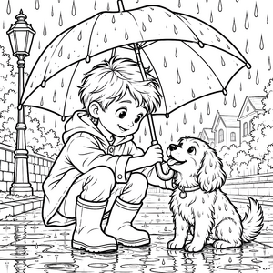 Verspielter Junge mit Hund und Regenschirm Ausmalbild für Tierfreunde