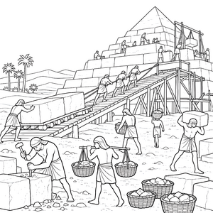 Gigantischer Pyramidenbau mit Rollwagen Malvorlage für kreative Zeitreisende