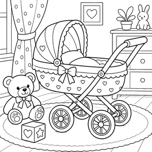 Herzlicher Puppenwagen mit Teddybär Ausmalvorlage für kleine Bastler