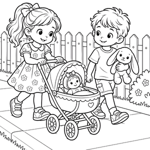 Glücklicher Puppenwagen mit Hase Ausmalvorlage für verträumte Spielzeugfans
